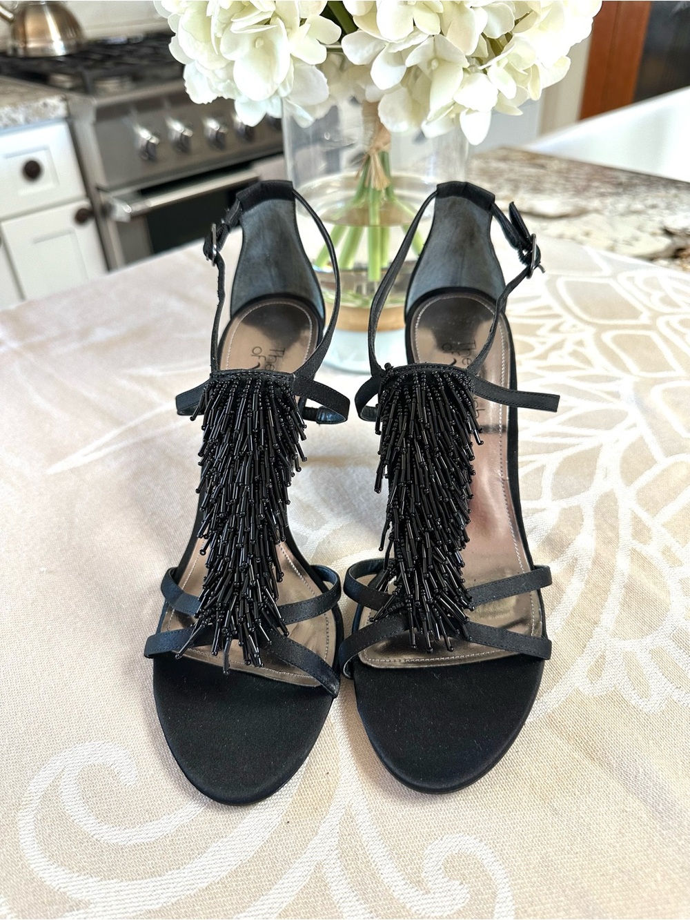 The Touch of Nina Black Beaded Fringe Dress Sandals Heels Size 9M - Picture 2 of 9